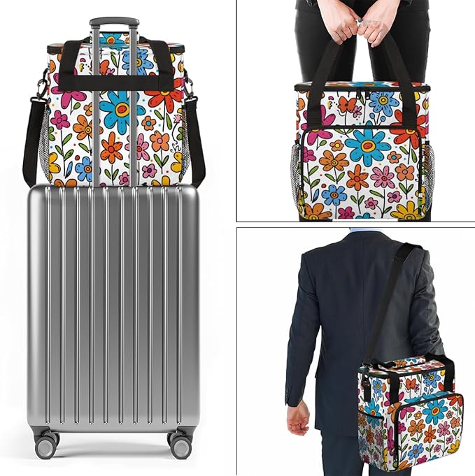 Cute Floral Colorful Travel Coffee Maker Carrying Bag Boho Large Organizer Storage Tote Bag Insulated Reusable Cooler Lunch Bags