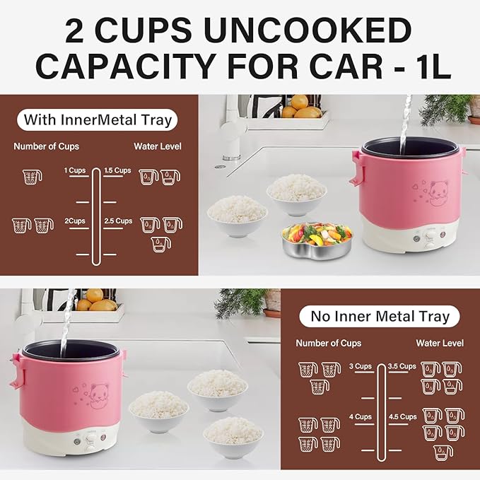OSBA Small Rice Cooker12v Portable Travel Rice Cooker For Car Cooking Heating and Keeping Warm Function Can be Used As a Electric Lunch Box (Pink)