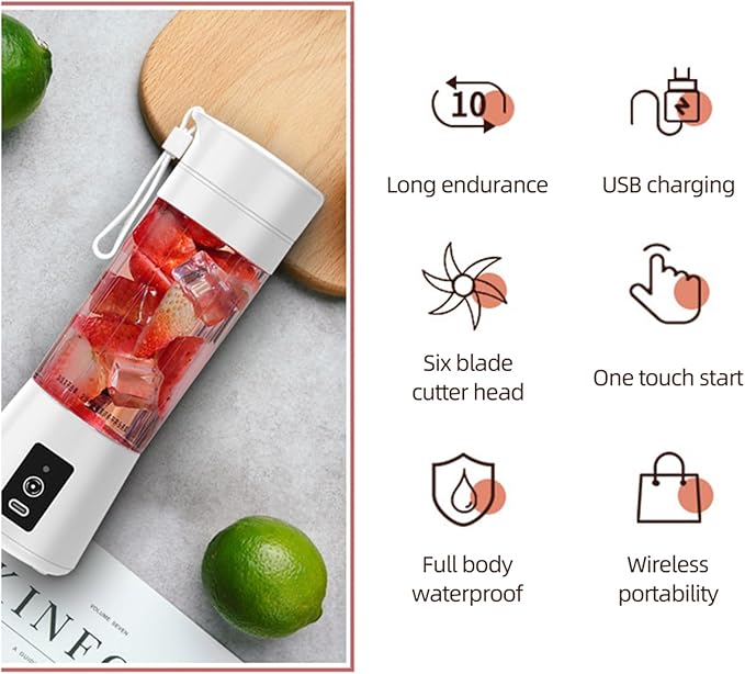 Portable Blender for Shakes and Smoothies Single Serve Travel Fruit Juicer Cup with 2000mAh USB Rechargeable Battery Small Electric Mini Blender with 6 Blades One Button (White)