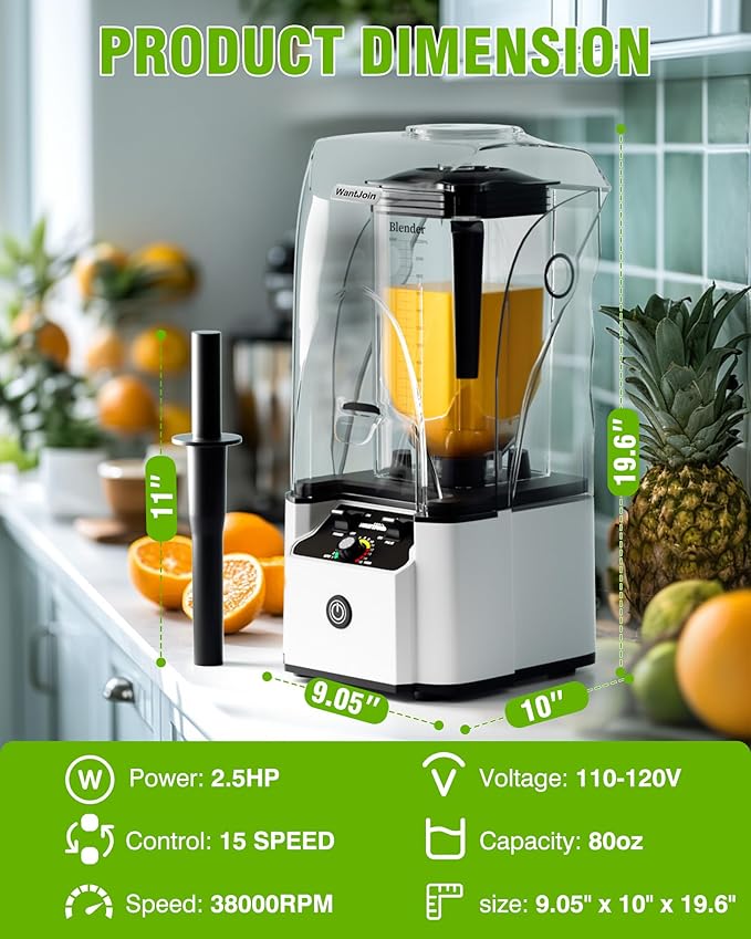 WantJoin Quiet Blender - Kitchen Blender with Soundproof 2.5 HP Copper Motor 80oz Jar Multifunctional Silent Blenders for Smoothies Juice Soups Sauce w/ 15 Speeds Stainless Steel 6-blade Combo