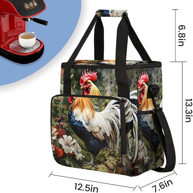 Beautiful Rooster Flower Coffee Maker Travel Bag for Keurig K-Mini/K-Mini Plus Insulated Waterproof Tote with Pockets for K-Cup Portable Single-Serve Brewer Case