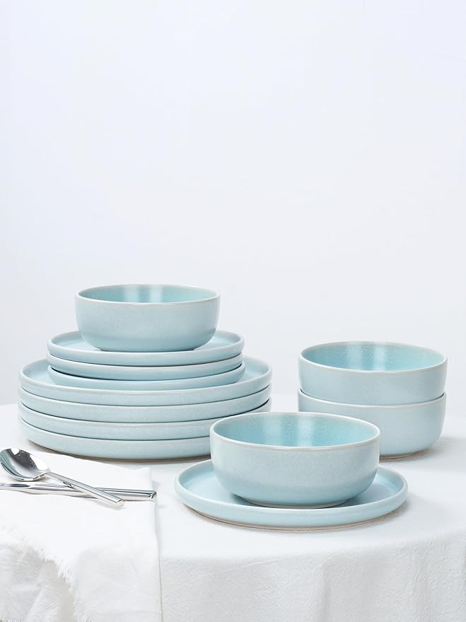 Famiware Milkyway Plates and Bowls Set 12 Pieces Dinnerware Sets and 4 Pieces Pasta Bowls Double Reactive Glaze Sturdy &amp Stackable Stoneware Dishes Set for 4 Light Blue