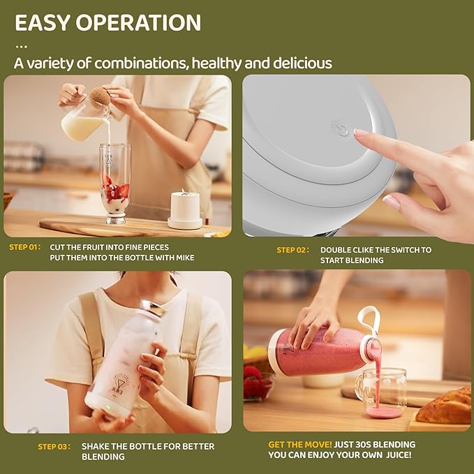 Asa Vea Mini Blender for Smoothies and Milkshakes Portable Blender Rechargeable Personal Size Blender with Quota Outer Travel Lid with 6 Blades 17 oz for Outdoors Camping (White-550ml)