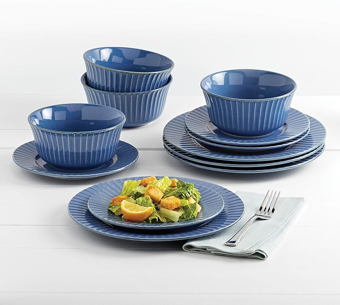 Tabletops Gallery Richmond 12-Piece Reactive Glaze Stoneware Dinnerware Set of Kitchen Dishes Dinner Plates Cereal Bowls Service for 4 Blue