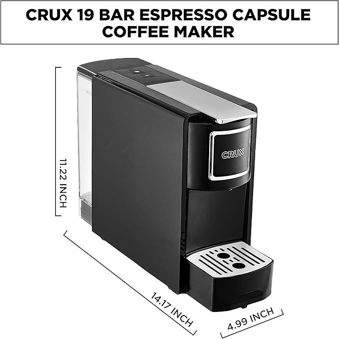 Crux Espresso Machine for Nespresso Pods - Programmable Coffee Brewer Capsule Compatible with Large Removable Water Tank and Drip Tray Black and Silver