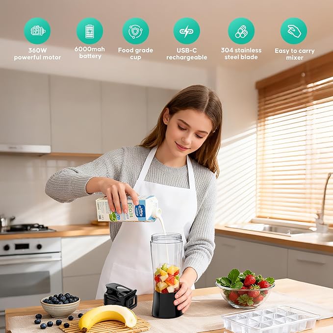 Portable Smoothie BlenderCordless Blender Bottle Electric24oz. VesselUSB-C Rechargeable portable juicer Electric Protein Shaker Bottles with Leakproof Lid Ideal for Shakes and Frozen Drinks