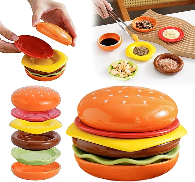 Hamburger Plate Set Ceramic Hamburger Plates And Bowls Sets 5-Piece Novelty Stackable Burger Dinnerware Set Cute Hamburg Style Dessert Plates Dishwasher Safety (Small-3.74 * 3.74 * 3.62 in)