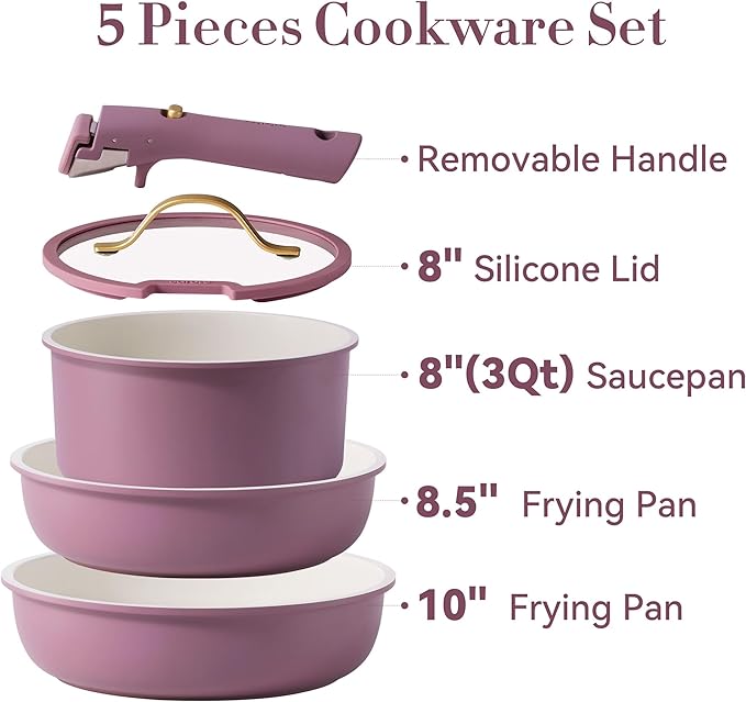 CAROTE 5pcs Pots and Pans Set Nonstick Cookware Set Detachable Handlekitchen essentialsRV kitchen pot and panInduction CookwareOven SafePFOA PFOS FREEPurple