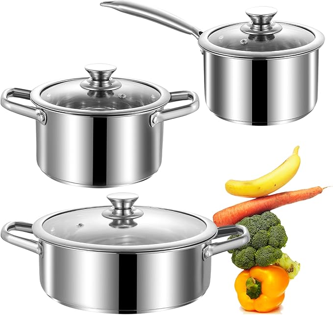 Stainless Steel pots and pans set 6 Piece Nonstick Induction Kitchen Cookware Set Works with Induction/Electric and Gas Cooktops Nonstick Oven Safe Camping Cookware