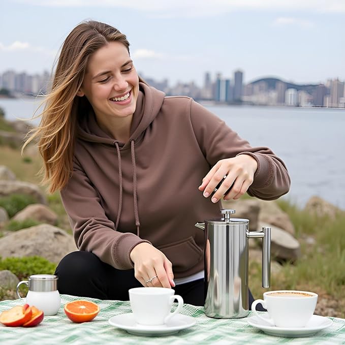 Travel French Press 34oz Stainless Steel Coffee Press for Camping Double Wall Insulated &amp No Drip Spout plastic free coffee maker