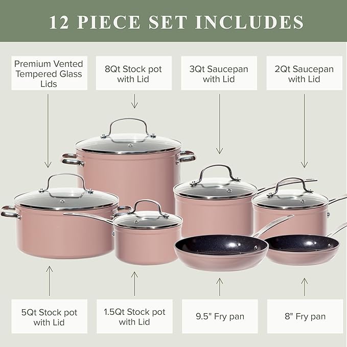 Nuwave Healthy Duralon Blue Ceramic Nonstick Cookware Set Diamond Infused Scratch-Resistant PFAS Free Dishwasher &amp Oven Safe Induction Ready &amp Evenly Heats Tempered Glass Lids &amp Stay-