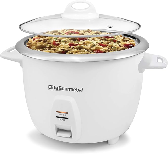Elite Gourmet ERC-2010 Electric Rice Cooker with Stainless Steel Inner Pot Makes Soups Stews Grains Cereals Keep Warm Feature 10 Cups Cooked White