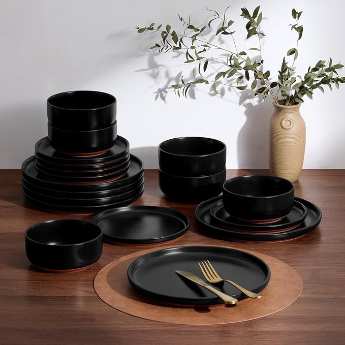 E-far 18-Piece Stoneware Plates and Bowls Sets Dinnerware Sets for 6 Ceramic Dishware Dishes Set with Terracotta Base Chip &amp Scratch Resistant Microwave &amp Dishwasher Safe Matte Black