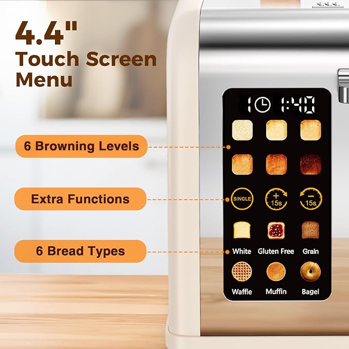 2 Slice Easy Touch Screen Toaster Stainless Steel Toaster with Wide Slots Even Toasting for Bagels &amp Bread Reheat &amp Defrost Removable Crumb Tray Cream Color