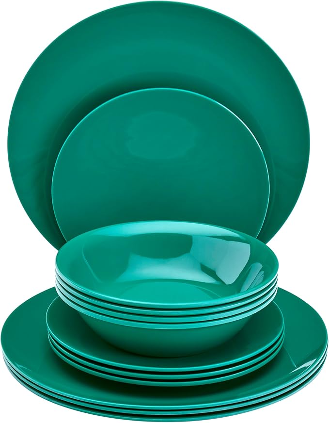 Tabletops Gallery 12 Piece Dark Green Melamine Dinnerware Set Plates Bowls for Indoor Outdoor Use Service for 4 Emerald
