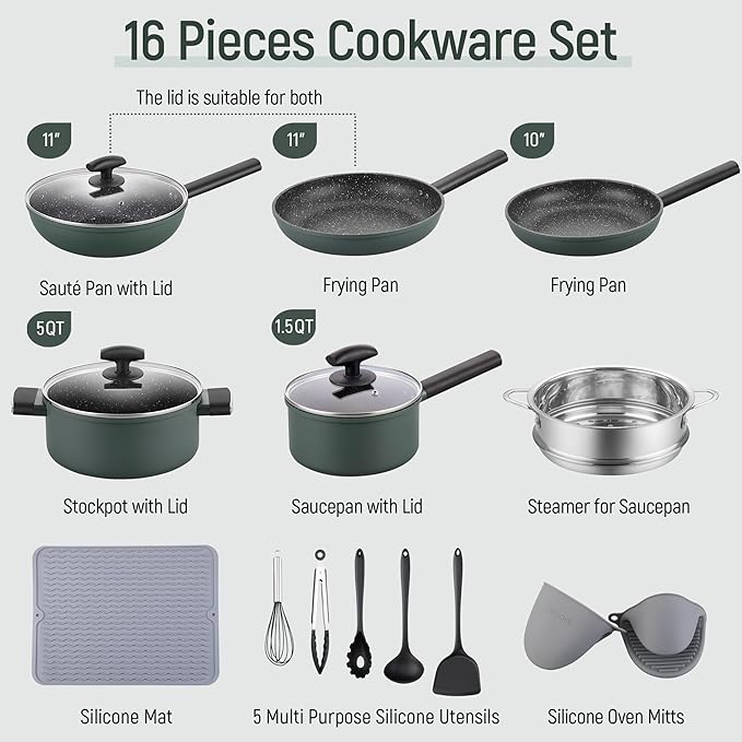 Leetaltree Nonstick Cookware Sets - 16 Pieces Pots and Pans with Utensils and Steamer Nonstick Cast Aluminum Kitchen Cookware with Bakelite Handles Non Toxic PFOS/PFOA Free (Green)
