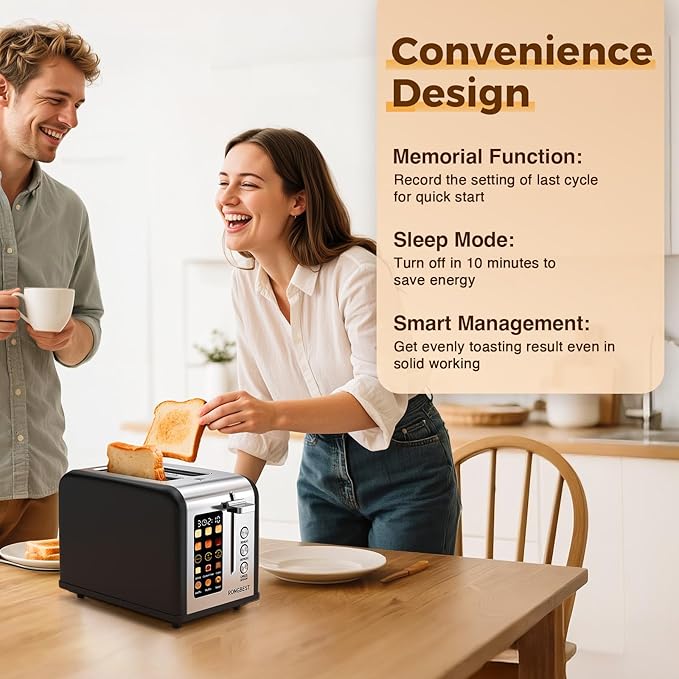 2 Slice Easy Touch Screen Toaster Stainless Steel Toaster with Wide Slots Even Toasting for Bagels &amp Bread Reheat &amp Defrost Removable Crumb Tray Matt Black