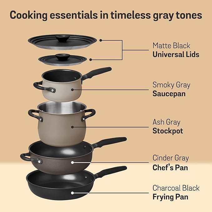 Meyer 6pc Stackable Set with Universal Lids | Hard Anodized Non Stick and Stainless Steel Pots and Pans | Induction Compatible | Dishwasher Safe | Oven Safe | Black &amp Gray | Accent Series Cookware