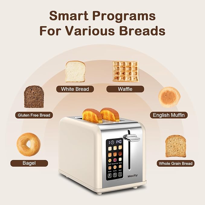 Mecity 2 Slice Touch Screen Toaster 1.5 Wide Slot Stainless Steel Smart Toaster for Bagels Muffins Waffles Gluten-Free Breads Defrost Reheat Timer 120V 825W Cream Color