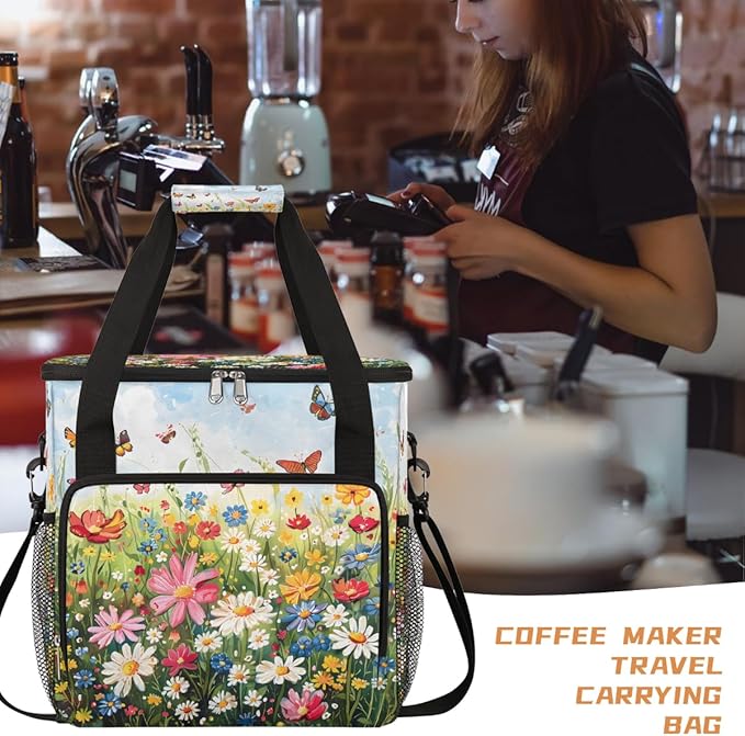 Flower Butterfly Oil Painting Coffee Maker Carring Bag Travel Carrying Storage Tote Bag Compatible with Keurig K-Mini or K-Mini Plus Portable Single Serve Coffee Brewer Case with Pockets