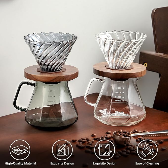 Bincoo Pour Over Coffee Maker Set - Borosilicate Glass Dripper with Walnut Handle &amp Glass Lid 50 pcs Paper Filters Included - 600ml Pour Over Coffee Dripper for Home Café &amp Camping (Dark Gr