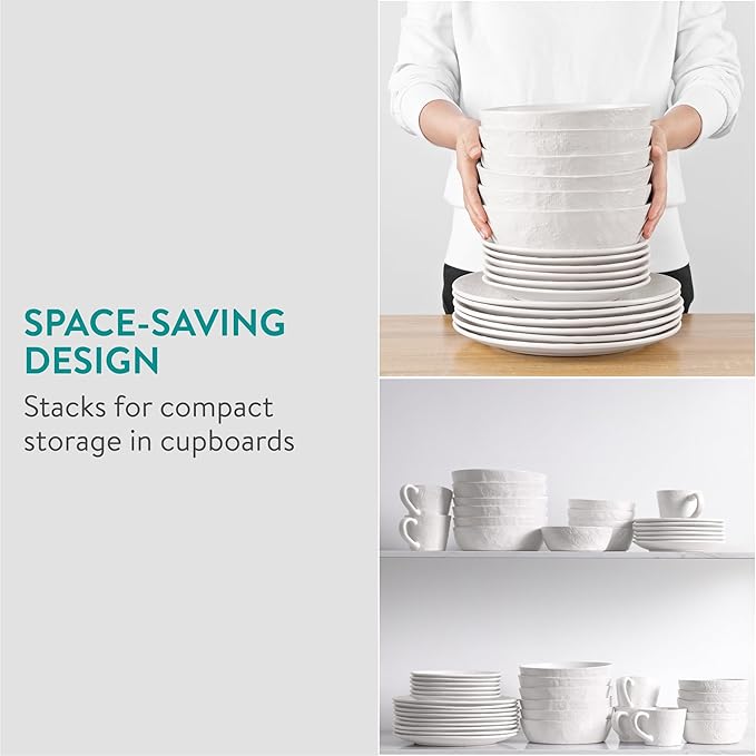 Navaris Linen Artisan Stoneware Dinnerware Set (18 Pieces) - White Dinnerware with Dinner Plates Side Plates and Pasta Bowls - Dishwasher and Microwave Safe