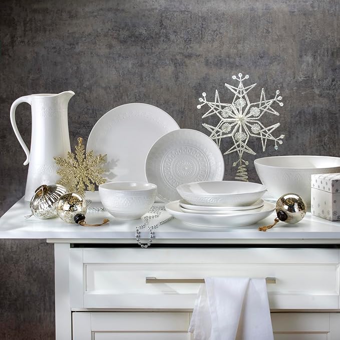 Euro Ceramica Fez Collection Stoneware Durable White 16-Piece Double Bowl Dinnerware Set Teardrop Mandala design Service for 4 with two sizes bowls assorted