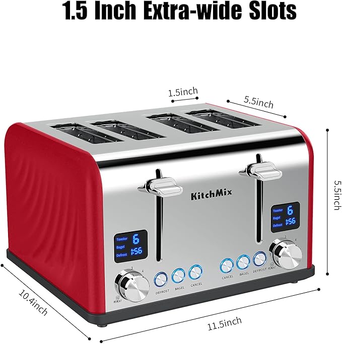 Toaster 4 Slice KitchMix Bagel Stainless Toaster with LCD Timer Extra Wide Slots Dual Screen Removal Crumb Tray (Red)