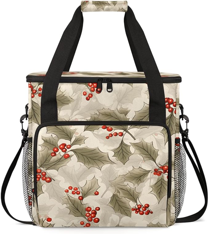 Holly Berry Flowers Coffee Maker Carrying Bag Bright Flowers Travel Storage Bag Compatible with K-Mini or K-Mini Plus Single Serve Coffee Brewer Carrying Case with Multiple Pockets &amp Shoulder St