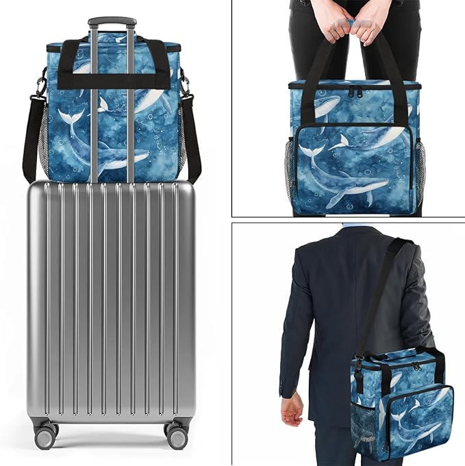 Watercolor Whales Coffee Maker Travel Bag for Keurig K-Mini/K-Mini Plus Insulated Waterproof Tote with Pockets Portable Single-Serve Brewer Case