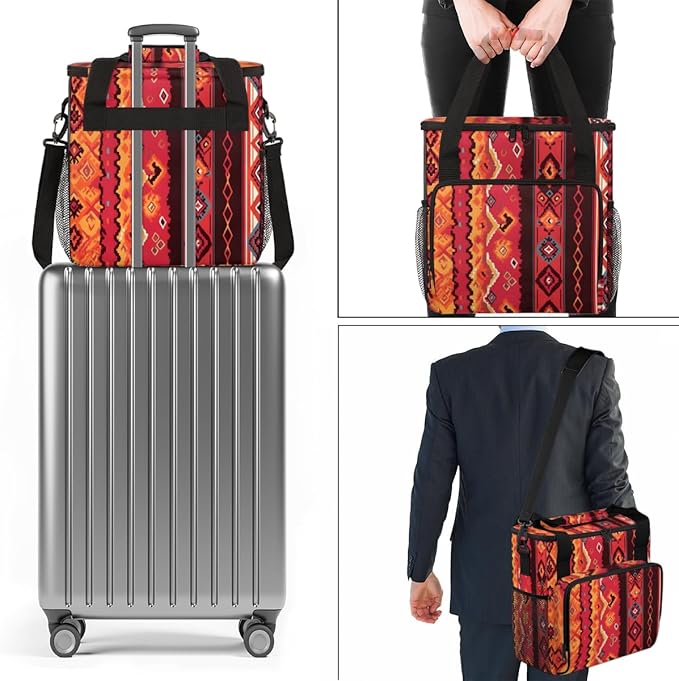 Ethnic Aztec Coffee Maker Carrying Bag Vintage Striped Pattern Travel Storage Bag Compatible with K-Mini or K-Mini Plus Single Serve Coffee Brewer Carrying Case with Pockets &amp Shoulder Strap