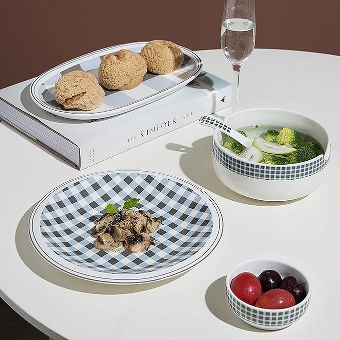 Ceramics Dinner Sets 29 Pieces Plaid Low Bone China Dinnerware Set | Porcelain Cereal Bowl and Steak Plate for Housewarming Gift and Restaurant