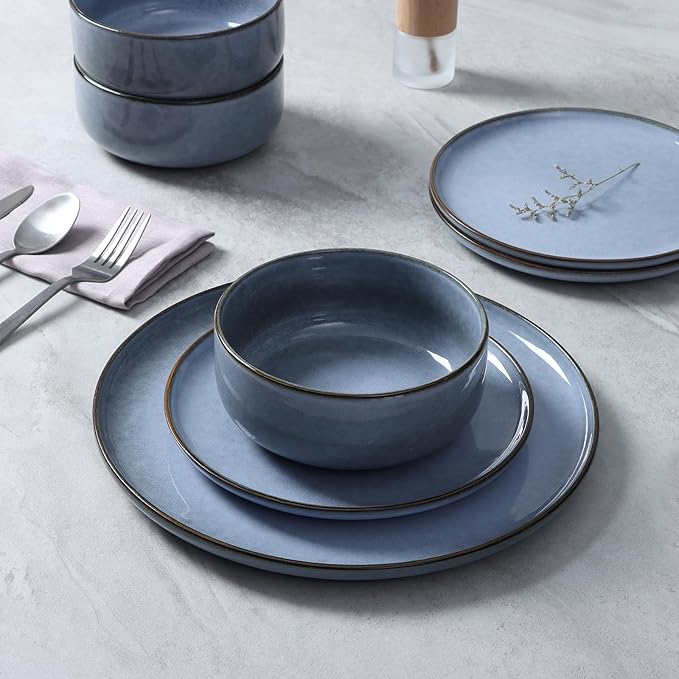 E-far Dinnerware Sets for 4 16-Piece Stoneware Plates and Bowls Set Reactive Glaze Dishes Dinning Ware Set Chip &amp Scratch Resistant Microwave &amp Dishwasher Safe - Ocean Blue