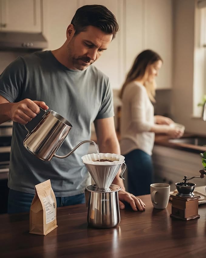 AGOGO Portable Pour Over Coffee Maker V60 Set - Easy Cleaning Compact 304 Stainless Steel Dripper for Camping &amp 50 Filters Paper &amp Barista Towel-Silvery-20oz/600ml