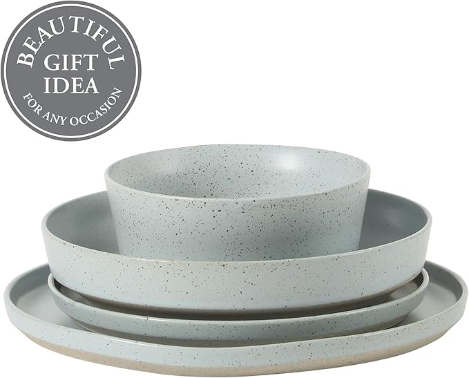Gibson Elite Overbrook 16-Piece Pottery Clay Stoneware Dinnerware Set – Light Blue Reactive Glaze Stackable Plates and Bowls w/Pasta Bowl Service for 4 – Microwave &amp Dishwasher Safe