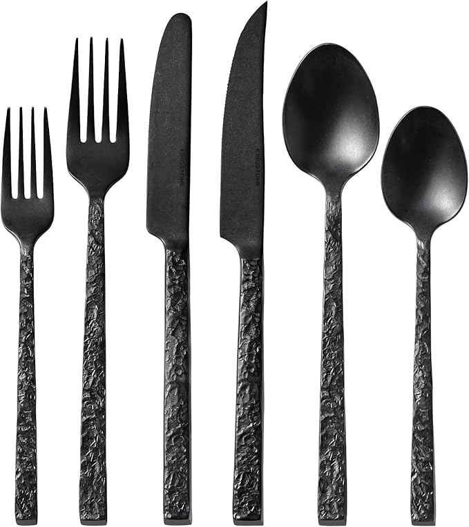KINGSTONE 36 Pcs Black Hammered Silverware Set with Steak Knives for 6 18/10 Stainless Steel Heavy Duty Flatware Set Tableware Cutlery Utensil Sets for Home Restaurant Dishwasher Safe