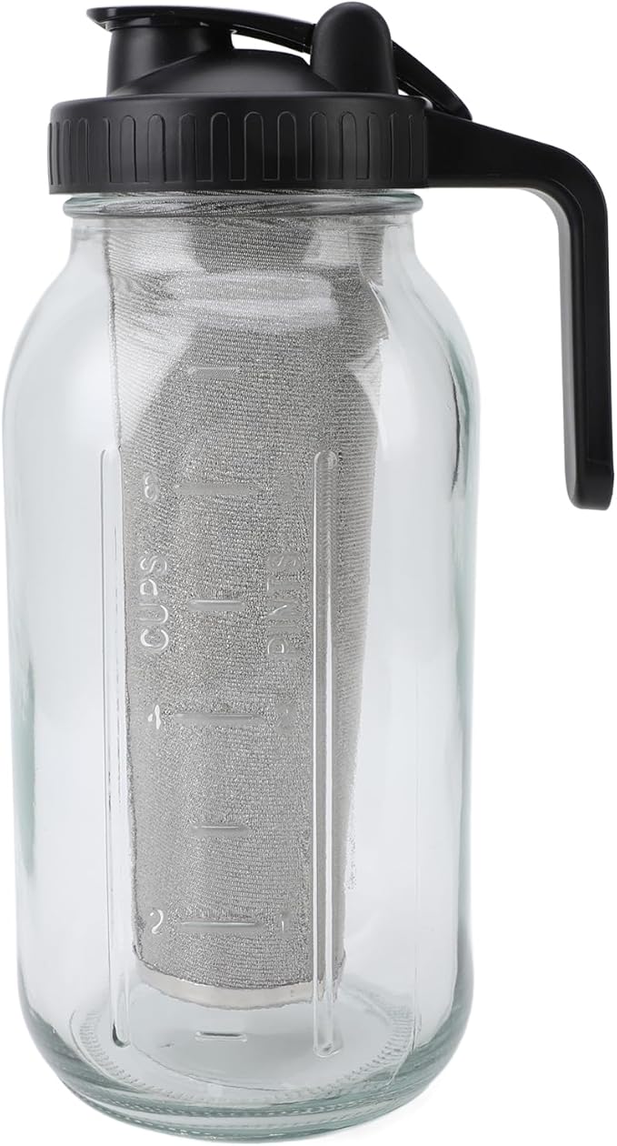 COLD BREW COFFEE MAKER PITCHER STAINLESS STEEL FILTER THICK GLASS ICED COFFEE JAR SPOUT LID HANDLE BLACK (2000ml)