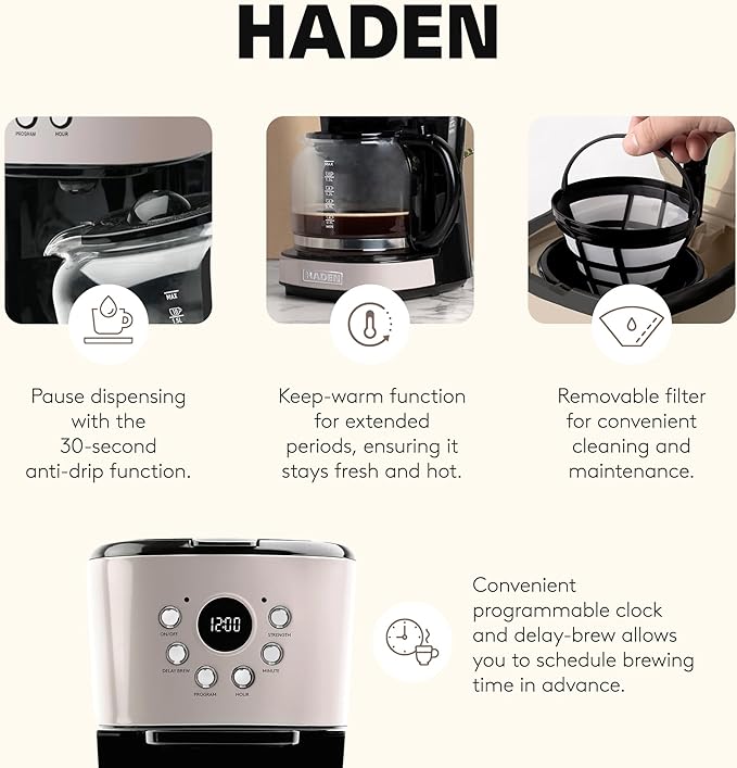 Haden 12-Cup Programmable Coffee Maker for Home or Office Putty &amp Chrome – Drip Brewer Machine with Brew Strength Delay Brewing Auto Shut-Off and Reusable Washable Water Filter