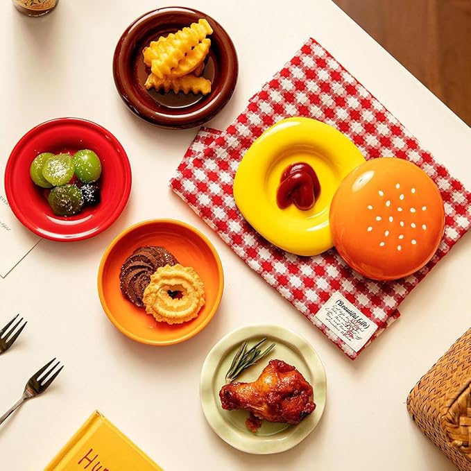 Hamburger Plate Set Ceramic Hamburger Plates And Bowls Sets 5-Piece Novelty Stackable Burger Dinnerware Set Cute Hamburg Style Dessert Plates Dishwasher Safety (Small-3.74 * 3.74 * 3.62 in)