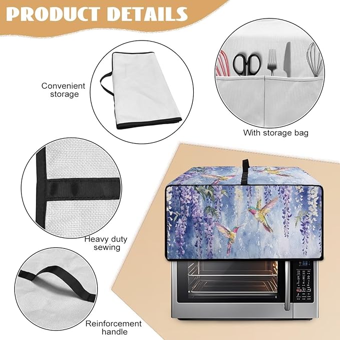 Heat-resistant Toaster Oven Cover Waterproof Dust-Proof Protective Case with Storage Pockets to Hold Jam Spreader Knife &amp Toast Machine Tongs Gazing Hummingbird