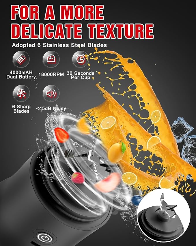 Portable Blender 20 Oz Mini Personal Blender for Shakes and Smoothies 240W Small Blender USB Rechargeable with 6 Blades &amp Travel Lid BPA Free for Kitchen Office Gym and Travel (Black)