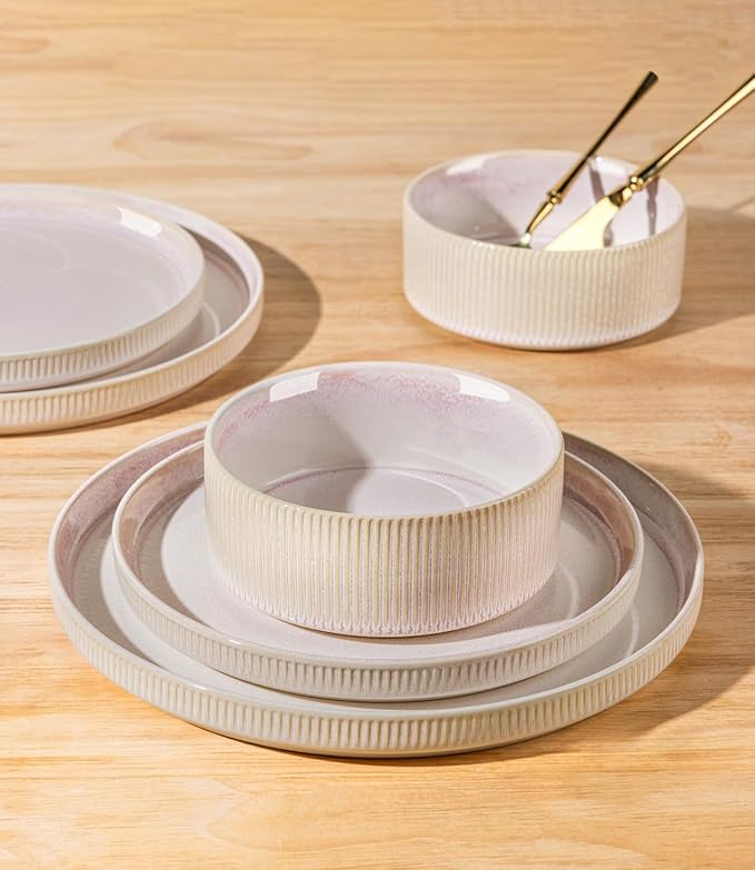 TheTerra Ceramic Dinnerware Sets for 4 12 Pieces Porcelain Lightweight Plates and Bowls Sets Scratch Resistant Dish Set Oven &amp Microwave &amp Dishwasher Safe Primrose Pink