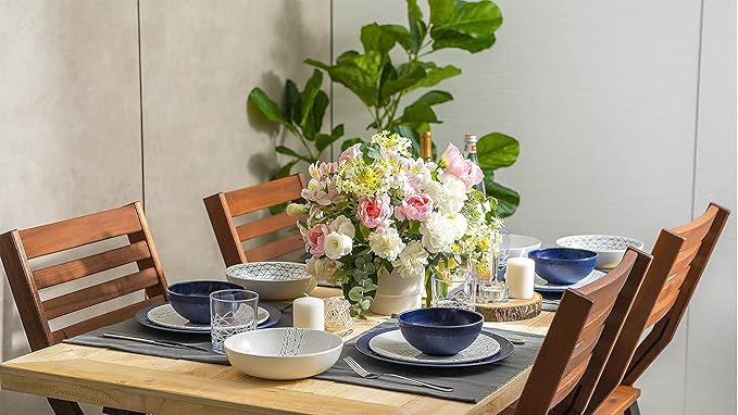 bzyoo BPA-Free Dishwasher Safe 100% Melamine Plate &amp Bowl Set for Casual dining Indoor and Outdoor Dining Party (12 PCS Dinnerware set 6pc Tumbler Bundle Set Spidy French Navy)