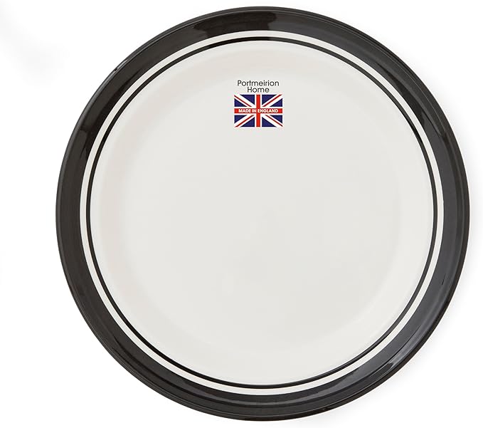 Portmeirion Potter's Stripe 16-Piece Dinnerware Set - Black Rimmed Plates &amp Bowls with Mugs Earthenware Dinnerware for Everyday Dining - Dishwasher &amp Microwave Safe Service for 4 Casual Dini