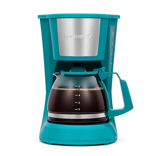 Holstein Housewares 5 Cup Drip Coffee Maker – Compact and User-Friendly with Auto Pause &amp Serve Reusable Filter Measuring Spoon &amp Glass Carafe Office &amp Dorm Use Teal