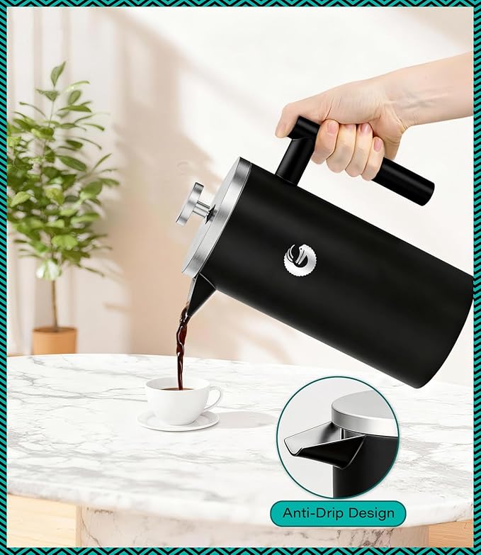 Coffee Gator 304 Grade Stainless Steel French Press Coffee Maker 34 oz Double Wall Insulated Hot Cold Brew Teapot with 4-Level Filtration System Include Travel Jar Canister Rust-Free Travel Black
