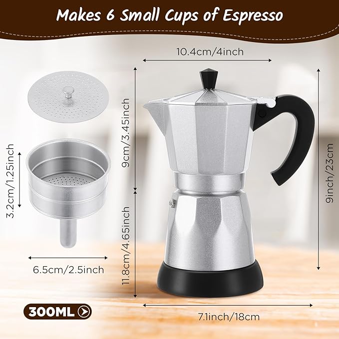 Coffee Pot 6 Cup Electric Espresso Coffee Maker Italian Moka Maker 300ml Portable Aluminum Espresso Machine Cafetera Moka Pot with Detachable Base Gift for Home Travel (Silver)