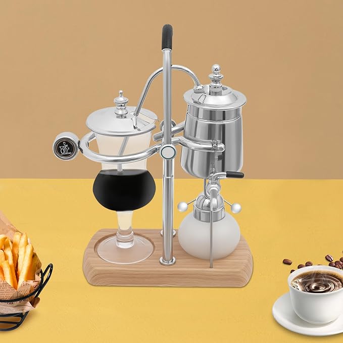 Belgian/Belgium Balance Siphon Coffee Maker 13.53oz Family Vintage Coffee Maker Siphon Brewer Vacuum Brewing System Elegant Design Retro-Style (Silver)