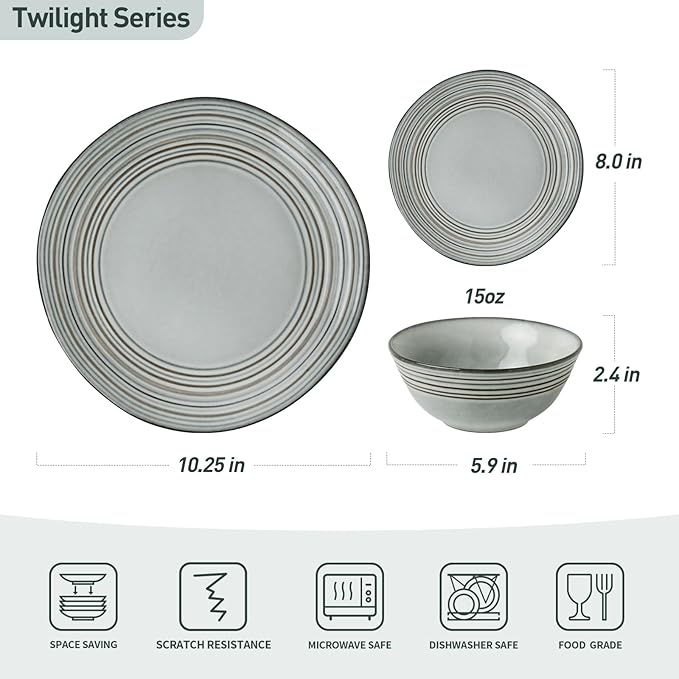 Famiware Plates and Bowls Sets 24-Piece Stoneware Dinnerware Sets Dishes Set for 8 Hand-made Reactive Glaze Dish Set Twilight Series Ashy Blue