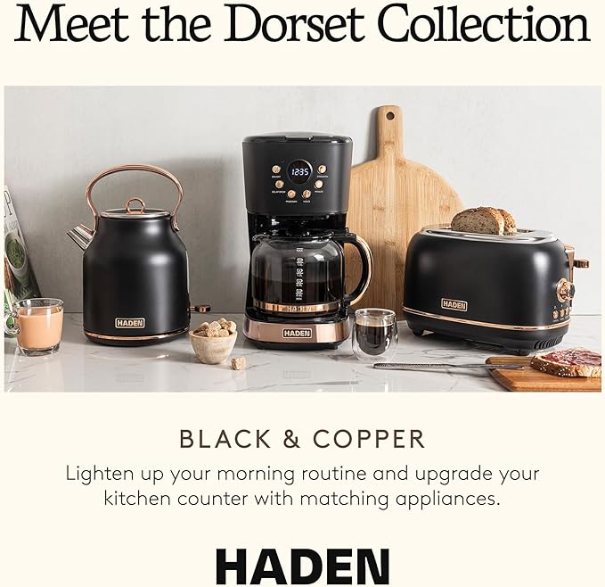 Haden Dorset 2 Slice Wide Slot Stainless Steel Toaster Bundled with 12 Cup Programmable Drip Coffee Maker Coffee Machine Black &amp Copper